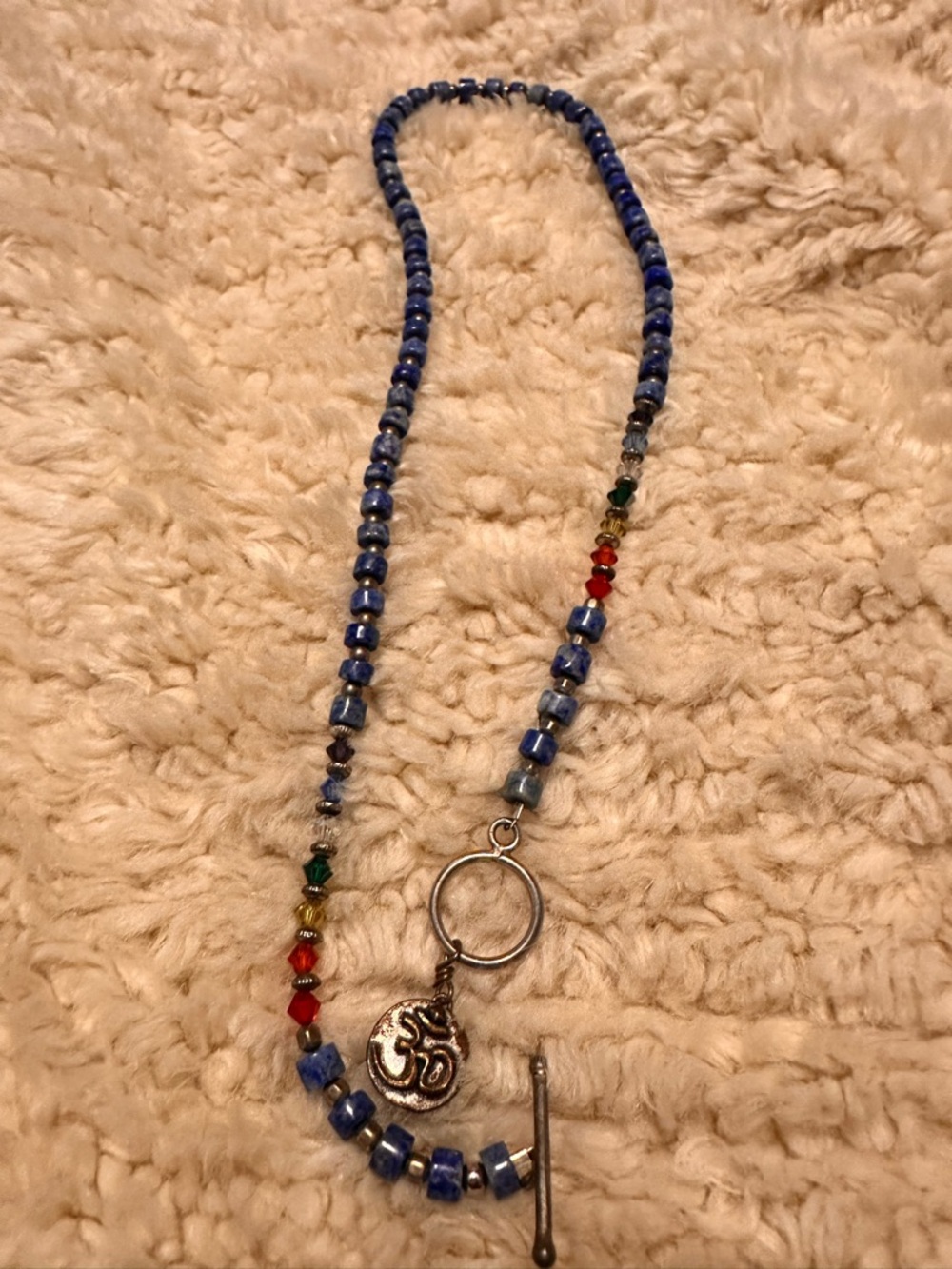 Lapis Blue Beaded Necklace with Om Charm and Toggle Clasp